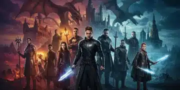 Epic fantasy characters and magical landscapes from 2025 book adaptations, showcasing diverse worlds.