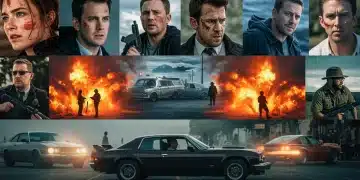Dynamic collage of action movie scenes for upcoming thrillers before Summer 2025.