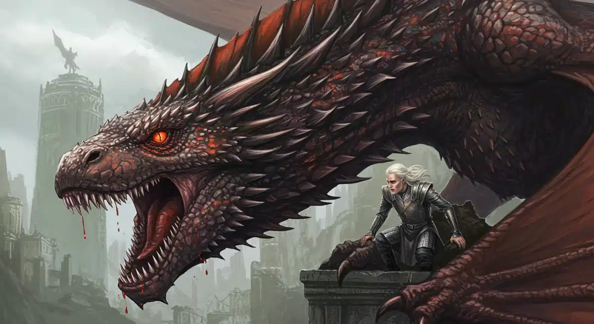 Aemond Targaryen and Vhagar in a dramatic moment above Storm's End, foreshadowing conflict.
