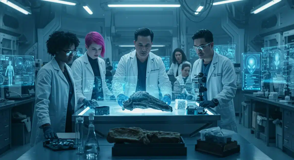 Scientists examining an alien artifact in a futuristic laboratory