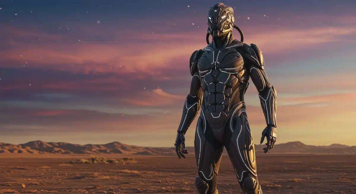 Character in advanced biomechanical suit on alien planet, highlighting costume and set design.