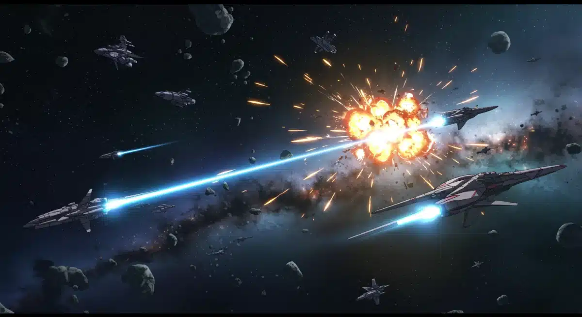 Intense space battle with multiple futuristic spacecraft and energy weapons.