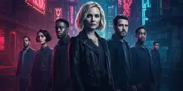 Promotional artwork for Apple TV+ new drama, featuring diverse cast and intense atmosphere.