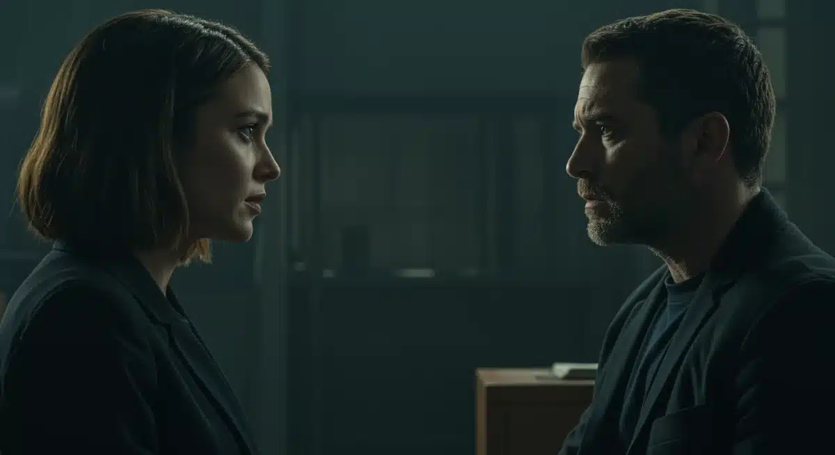 Two main characters in a tense, emotionally charged scene from Apple TV+ drama.