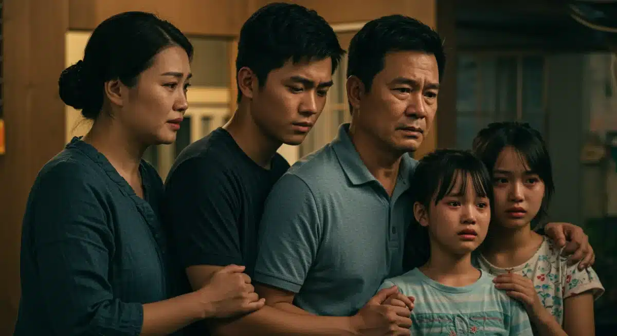 Emotional scene from an Asian family drama series.