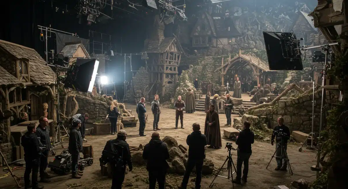 Behind-the-scenes look at a large fantasy series set with crew and actors.