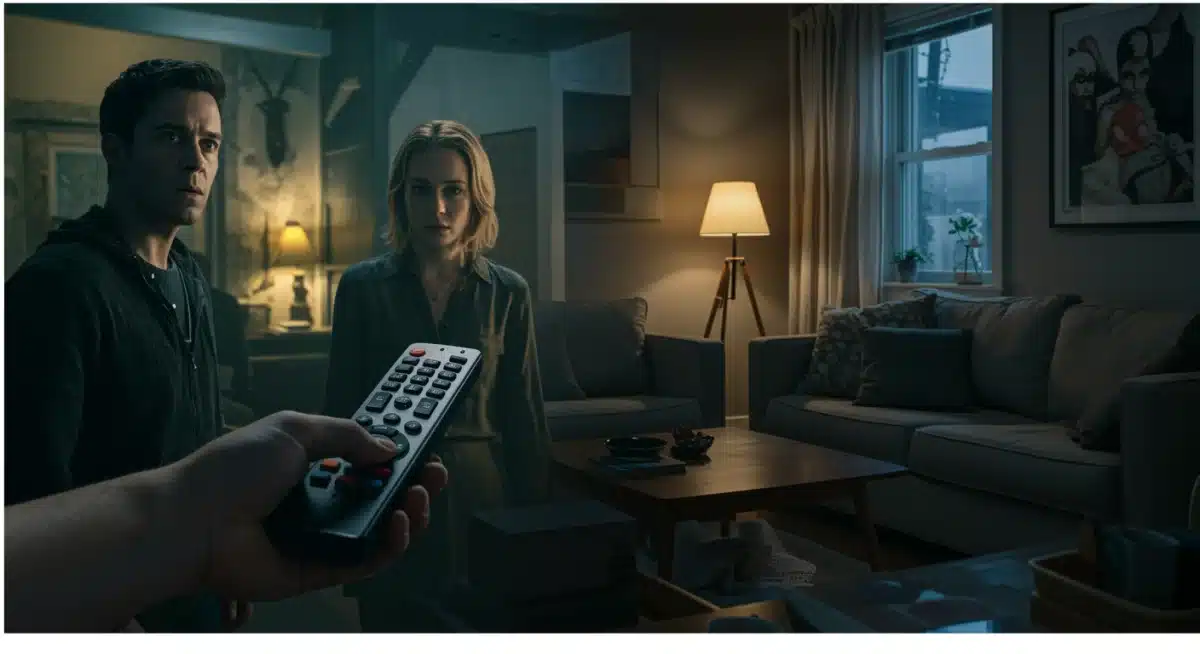 Hands reaching for remote control, cozy living room, symbolizing binge-watching experience.