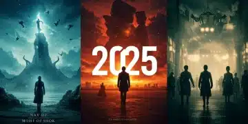 Three book covers transforming into film scenes, symbolizing highly anticipated book adaptations releasing in 2025.