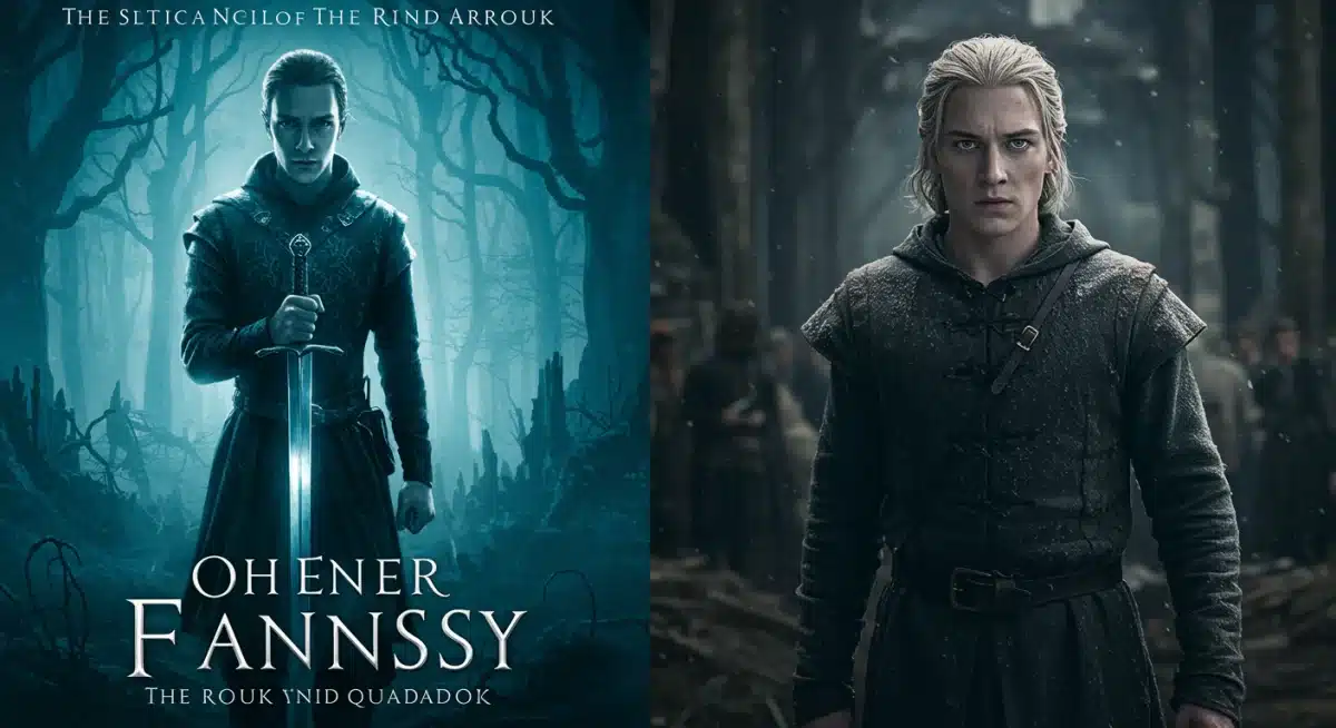 Comparison of a fantasy novel cover and its 2025 screen adaptation still, showing character design.