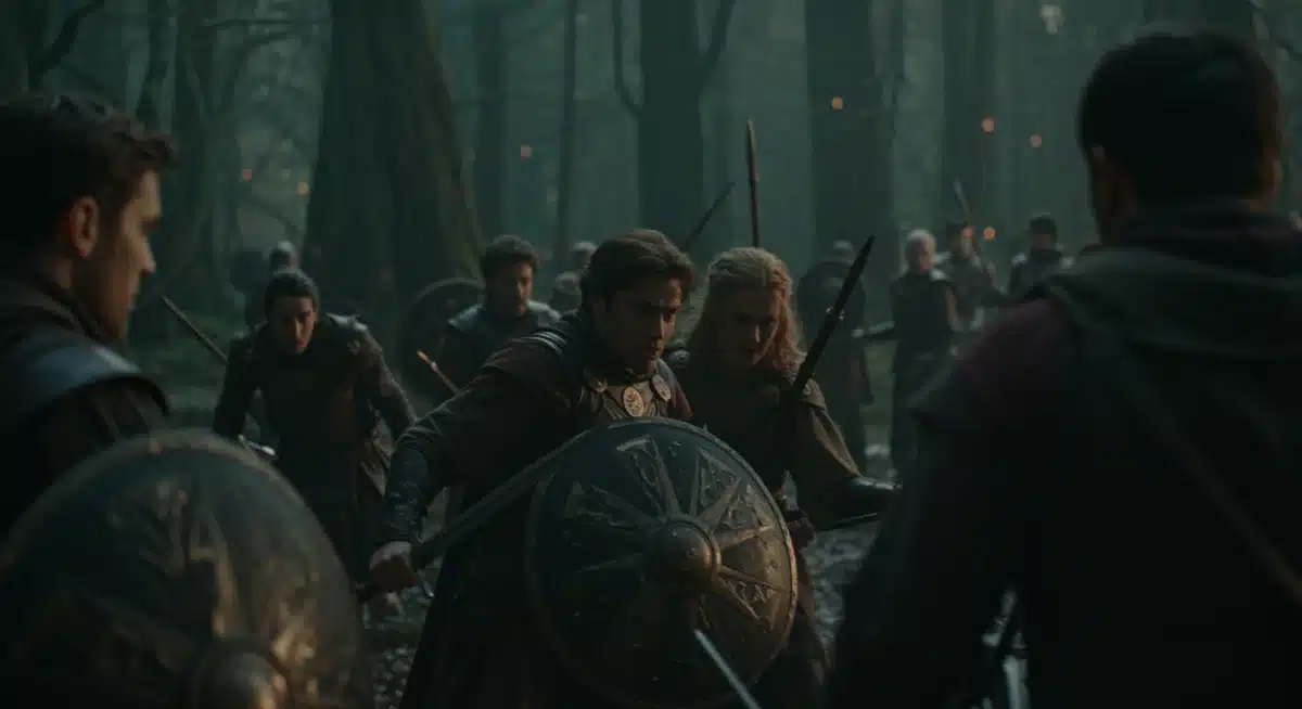 Intense battle scene from Chronicles of Eldoria, featuring armored warriors and magical effects.