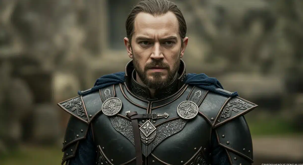 Close-up character portrait from Chronicles of Eldoria, showcasing detailed costume and expression.