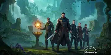 Promotional artwork for Chronicles of Eldoria, showing heroes in a fantasy world.