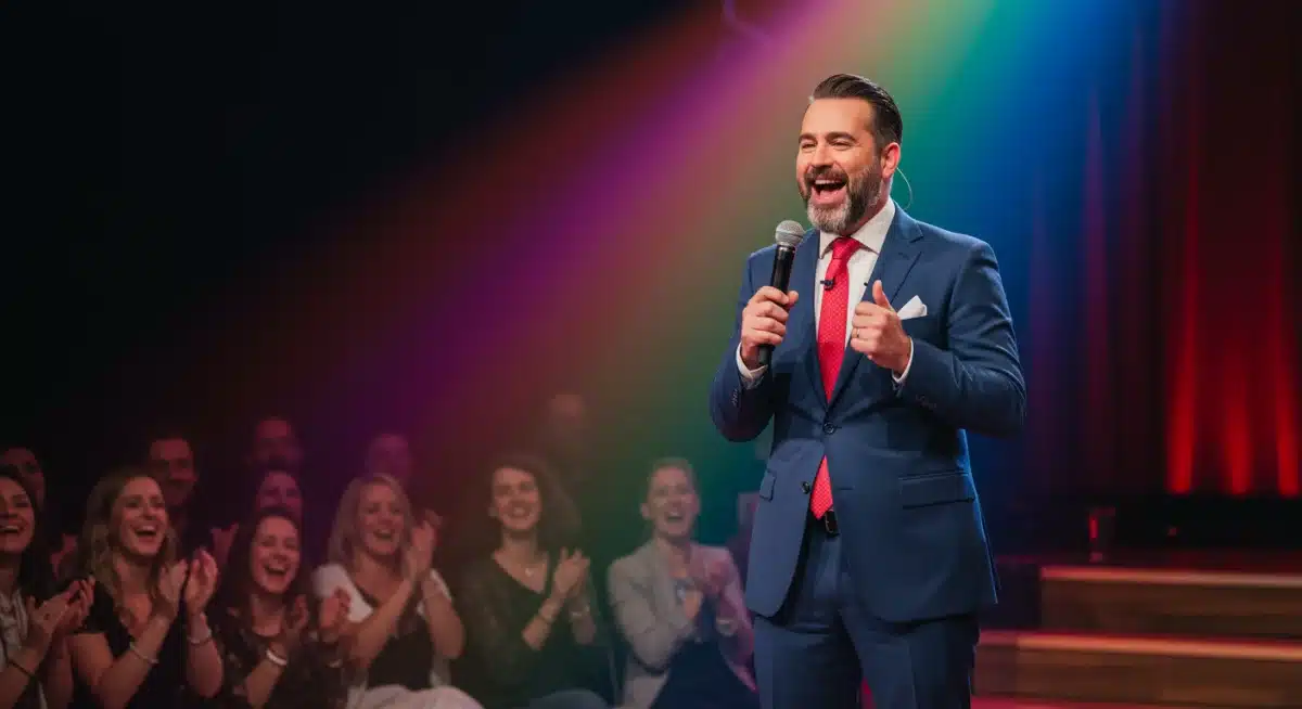 Comedian performing stand-up on stage with vibrant lighting