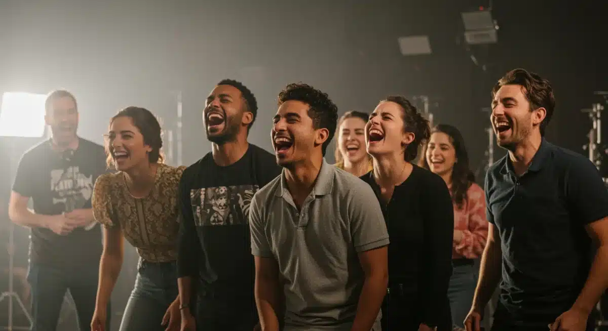 Actors laughing on set, showcasing the behind-the-scenes joy of a new comedy series production
