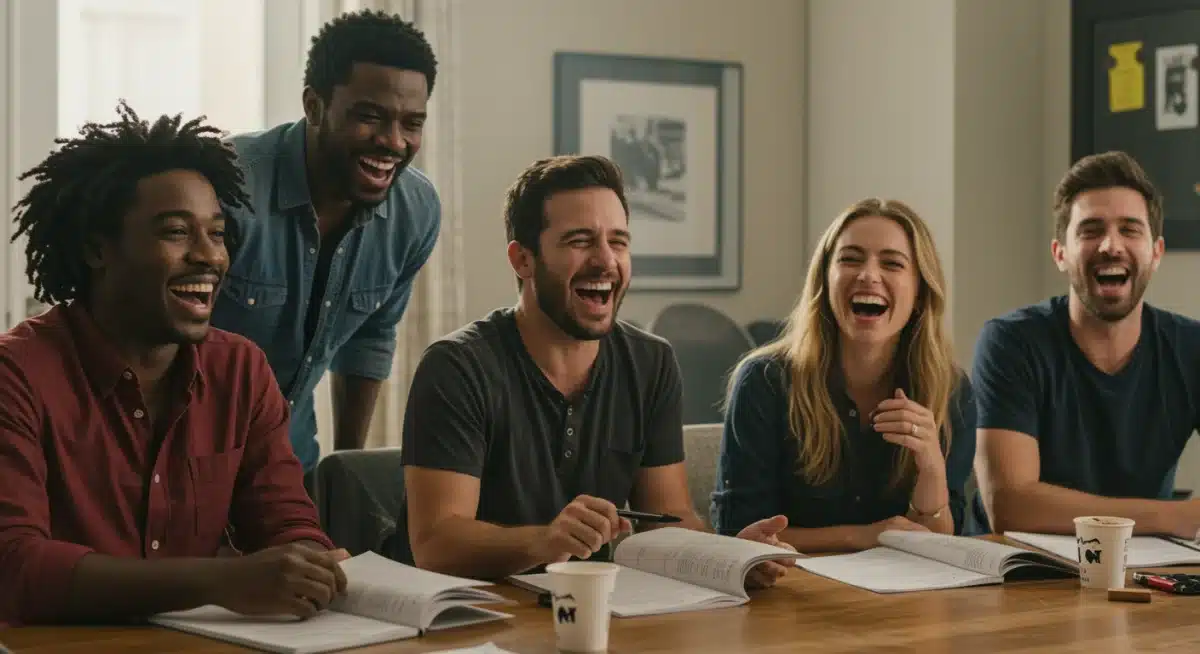 Diverse cast members in a lively table read for an upcoming comedy series, exhibiting genuine laughter and camaraderie.
