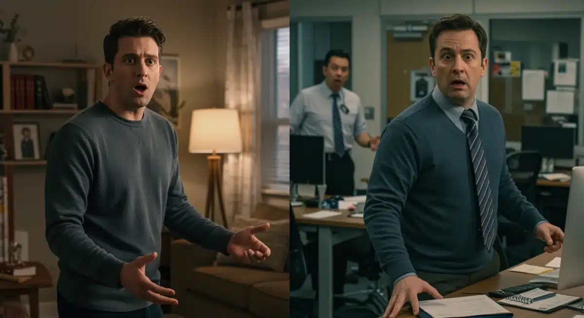 Split screen depicting contrasting comedic scenes from two new 2025 comedy series