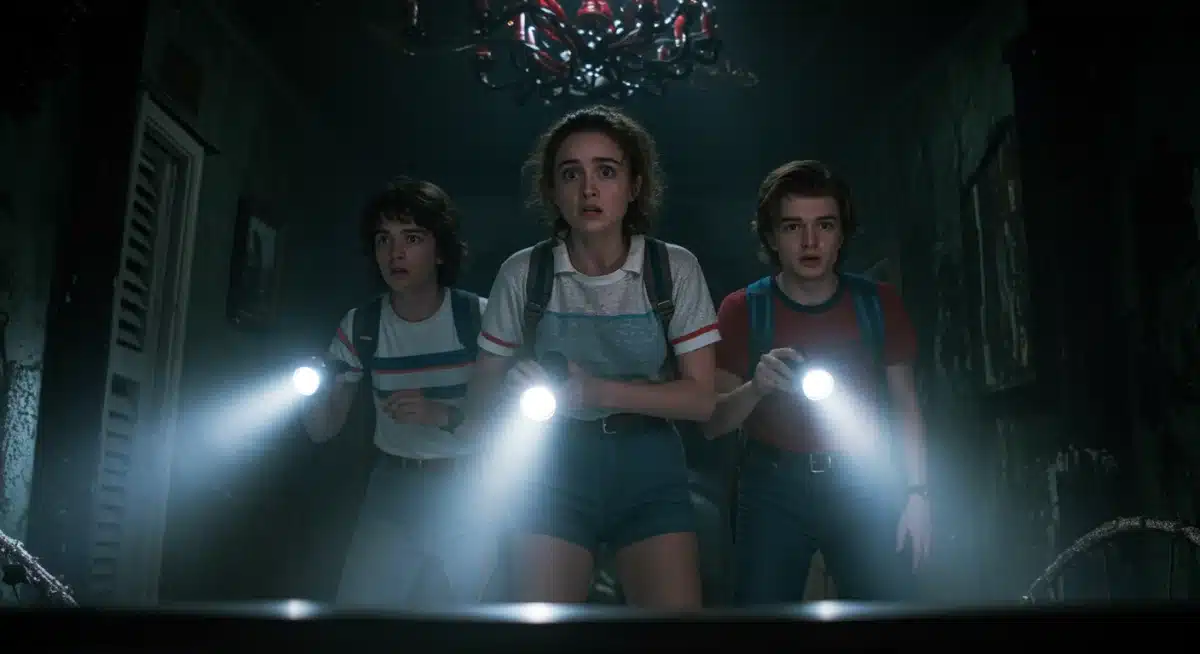 Nancy, Steve, and Robin exploring the Creel House in the Upside Down, preparing for their confrontation with Vecna.