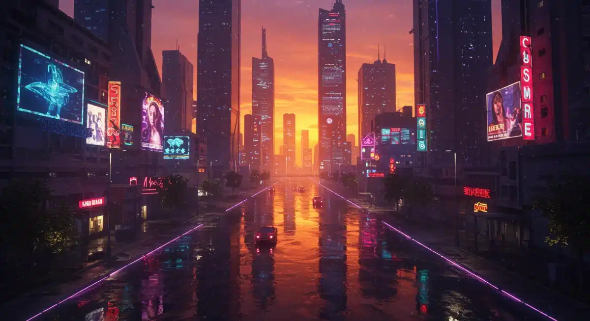 Futuristic city skyline at dusk in Crimson Shores