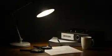 Detective's tools on a desk, symbolizing mystery solving