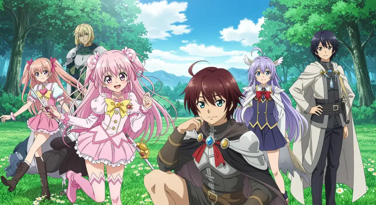 Diverse anime characters from various genres in a serene natural setting, showcasing 2025 anime diversity.