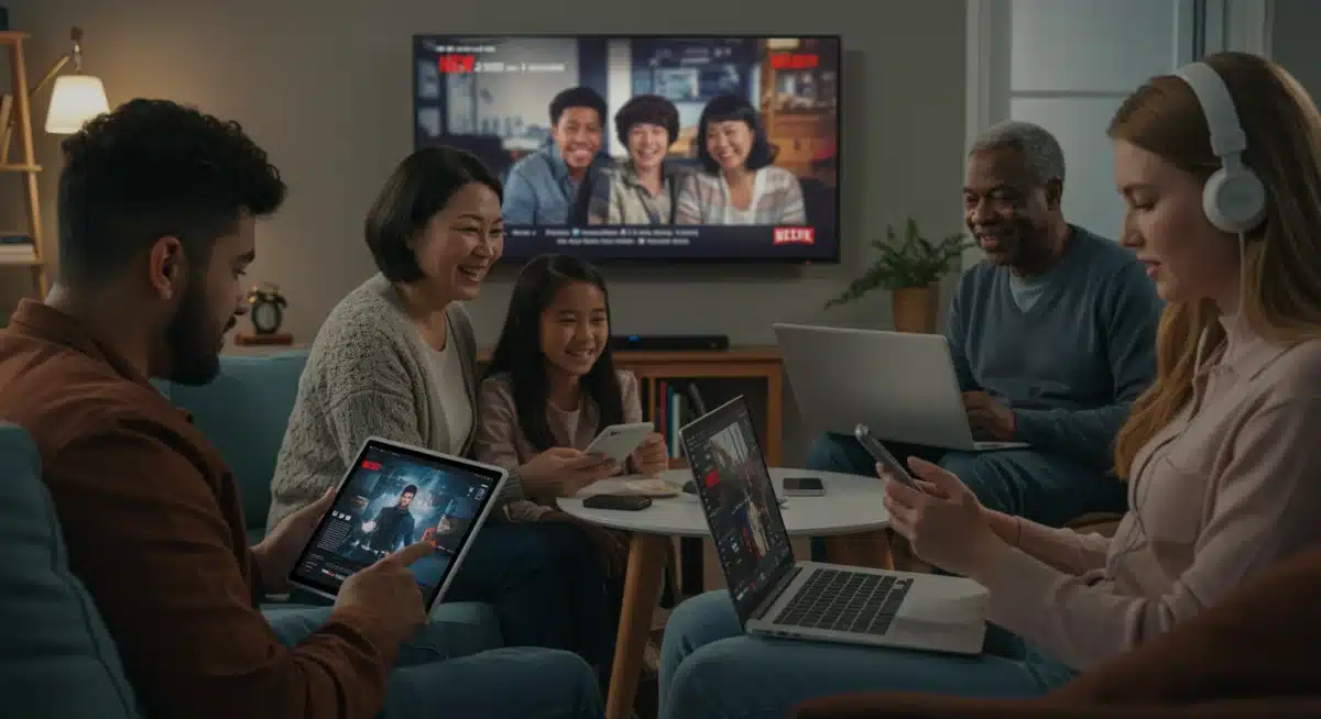 Diverse audience enjoying streaming content, enhanced by new Netflix algorithm