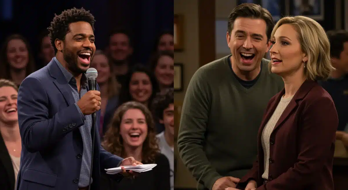 Split screen comparing stand-up comedy and sitcom visual humor.