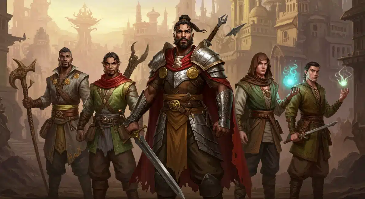 Diverse fantasy characters in a vibrant, magical city setting