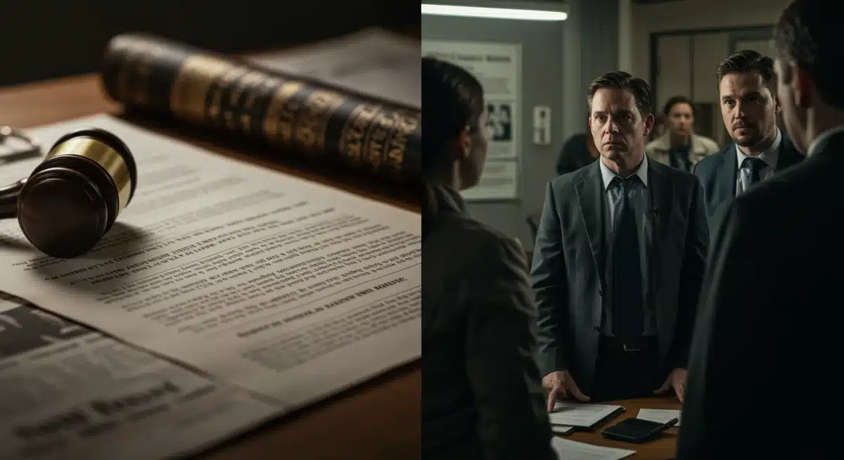 Split screen depicting legal documents and expert interviews in true crime analysis