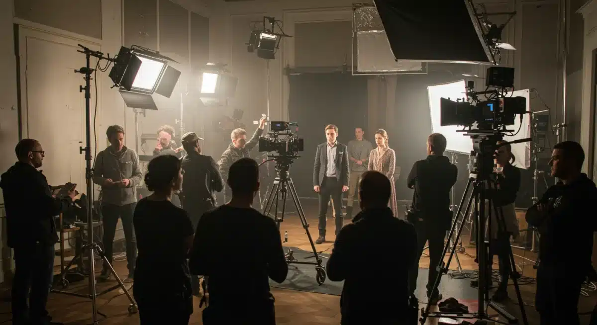 Behind-the-scenes glimpse of a drama series production, showing crew and actors preparing on set.