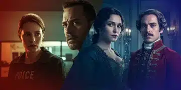 Dynamic split screen showcasing intense scenes from two major network dramas, symbolizing their early 2025 premiere.