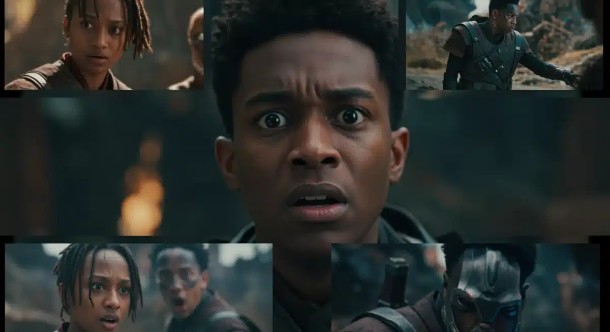 Character with bewildered expression amidst disjointed scenes, depicting inconsistent character arcs.