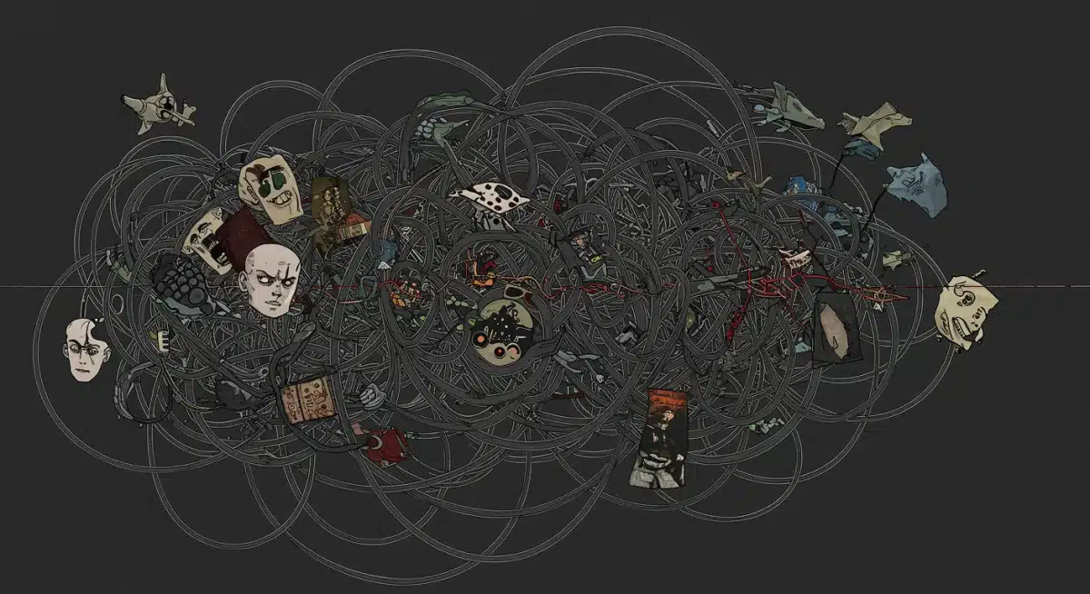 Tangled, broken narrative thread with disconnected plot points, symbolizing structural issues.