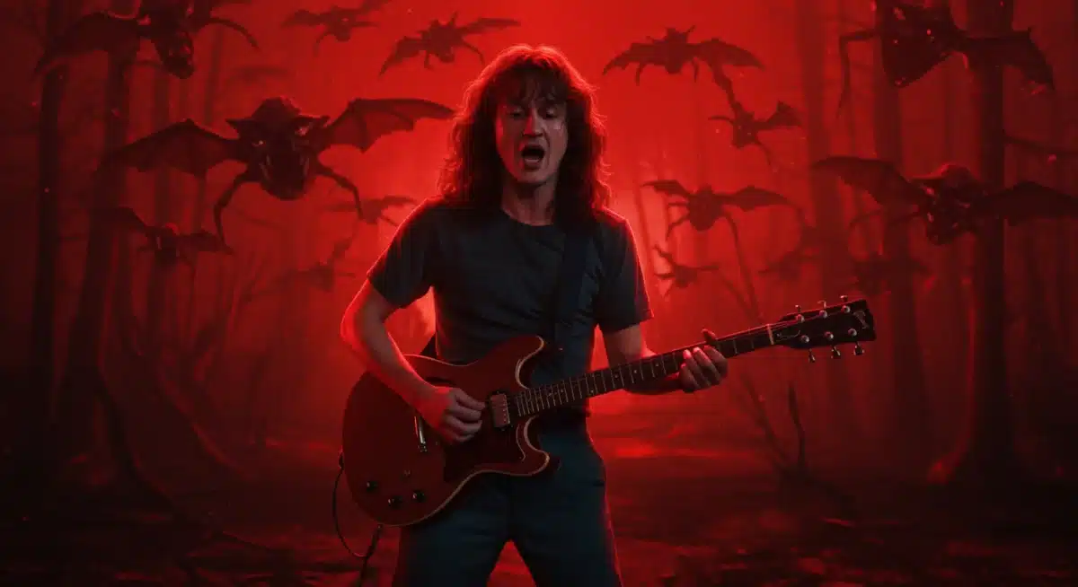 Eddie Munson's heroic guitar solo in the Upside Down, a pivotal moment from Stranger Things 4 Volume 2.