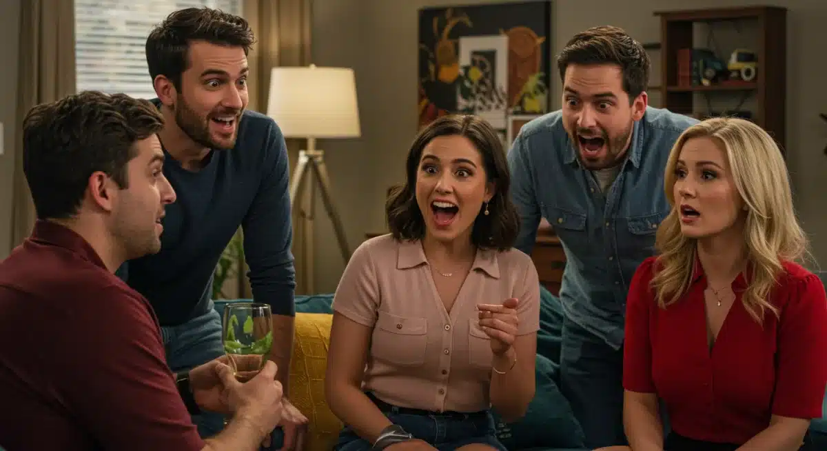 Ensemble cast from a popular comedy series engaged in humorous dialogue.