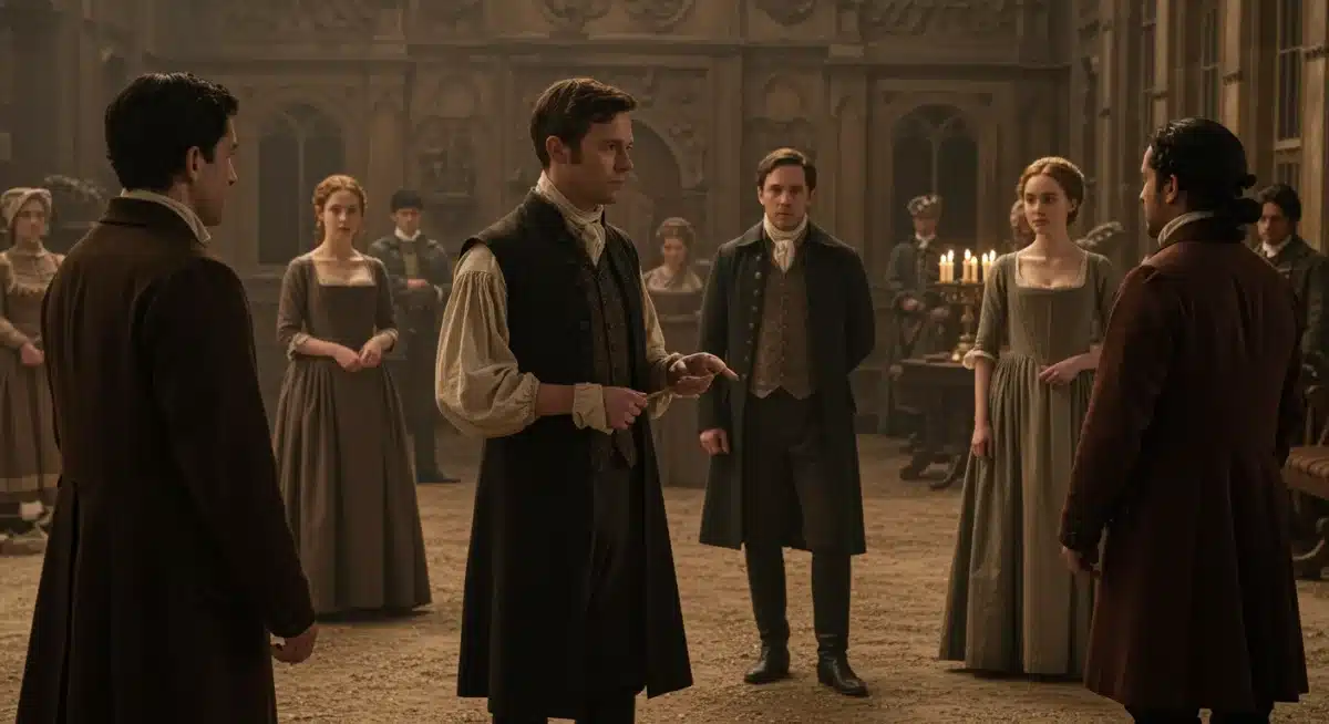 Ensemble cast in a meticulously recreated historical setting, showcasing intricate character interactions.