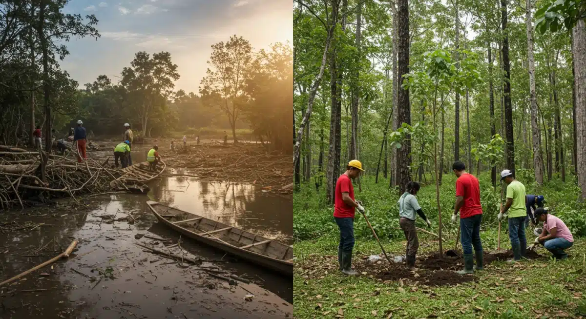 Contrasting images of environmental challenges and community-led sustainability initiatives.