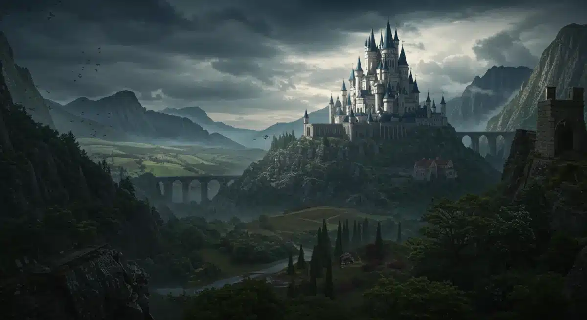 Majestic castle in a medieval fantasy landscape, symbolizing epic world-building