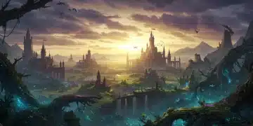 Epic fantasy landscape with a grand castle and mysterious forests