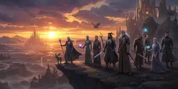 Epic fantasy series characters overlooking a magical kingdom at sunset, symbolizing new adventures.