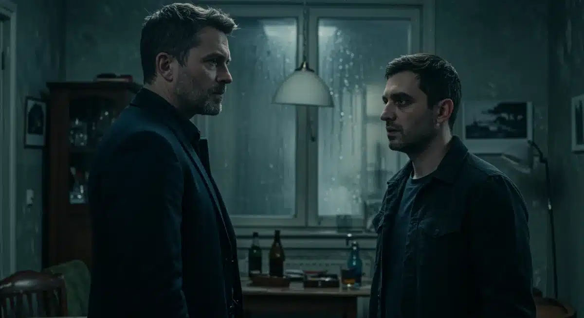 Intense scene from a European crime drama series.