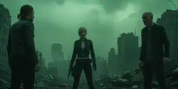 Fallout Season 1 Episode 8 dramatic standoff featuring main characters in a ruined city