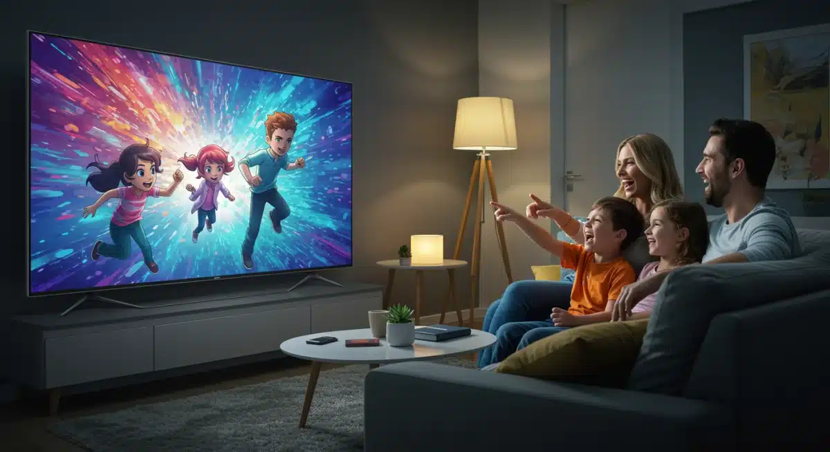 Family enjoying a vibrant animated show on a smart TV, depicting quality family entertainment.