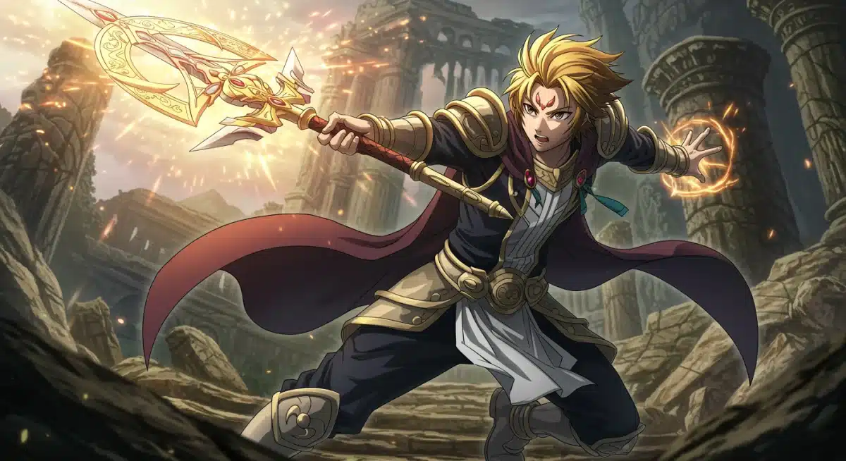 Fantasy anime protagonist in action, showcasing intricate details and magical abilities, set in a mystical forest.