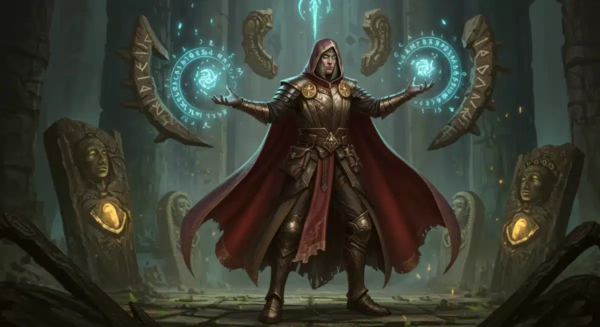 Concept art of a fantasy character with mystical elements, hinting at deep lore.