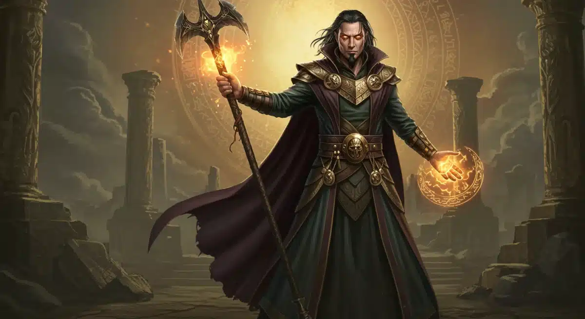 Heroic fantasy character with magical elements in an ancient, mystical setting