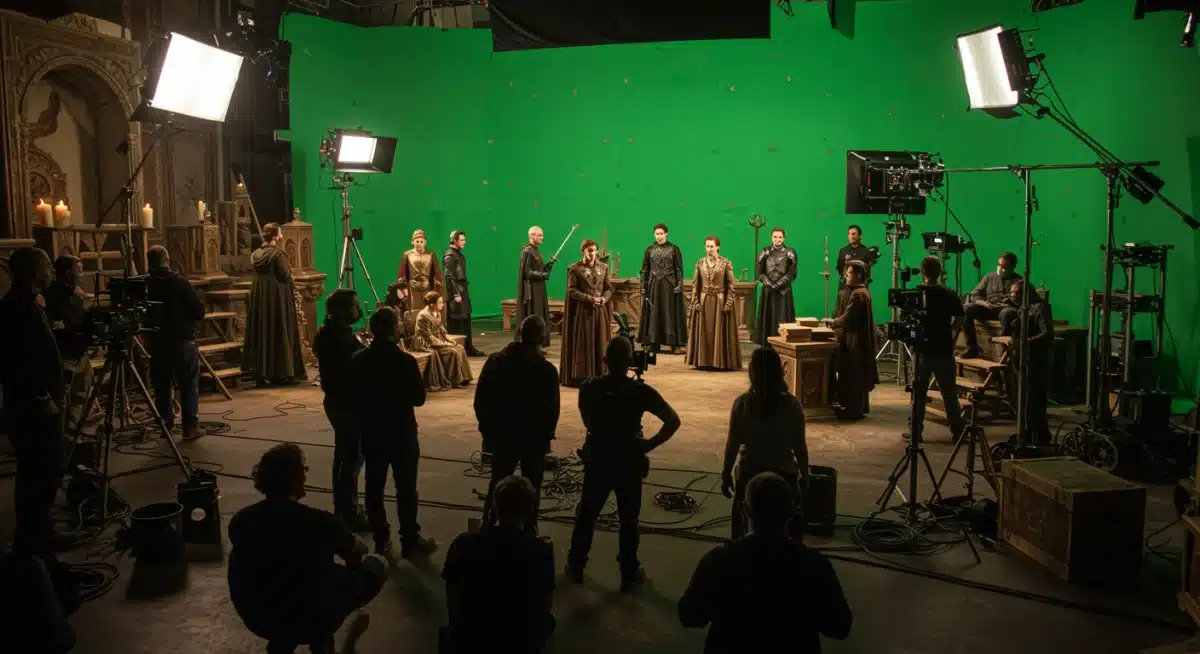 Behind-the-scenes look at a fantasy series film set with actors and crew, showcasing production.