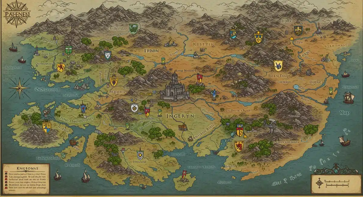 Detailed fantasy world map showing diverse regions and political boundaries