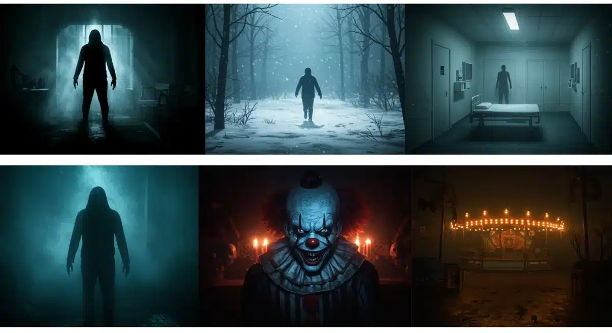 Collage of five different horror series stills, showcasing diverse scares and mysterious atmospheres.