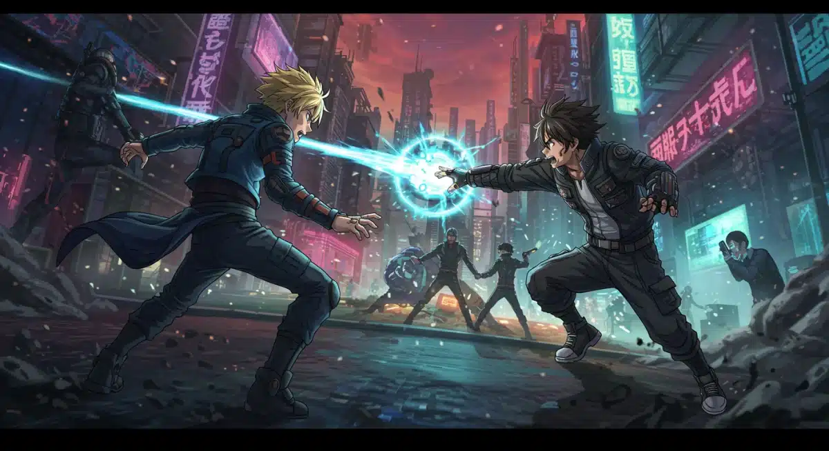 Futuristic anime protagonist battling in a cyberpunk city, representing innovative 2025 anime.