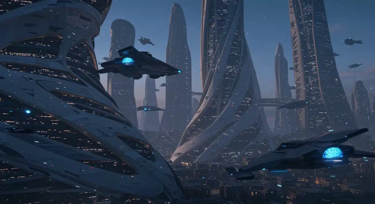 Futuristic city skyline with flying vehicles, representing advanced sci-fi series production.